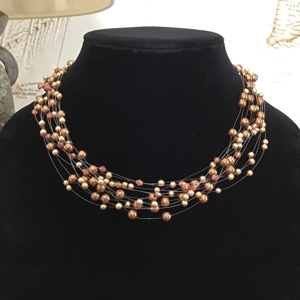 Vintage Floating Bead Necklace Gold Bronze Tones Multi Strands